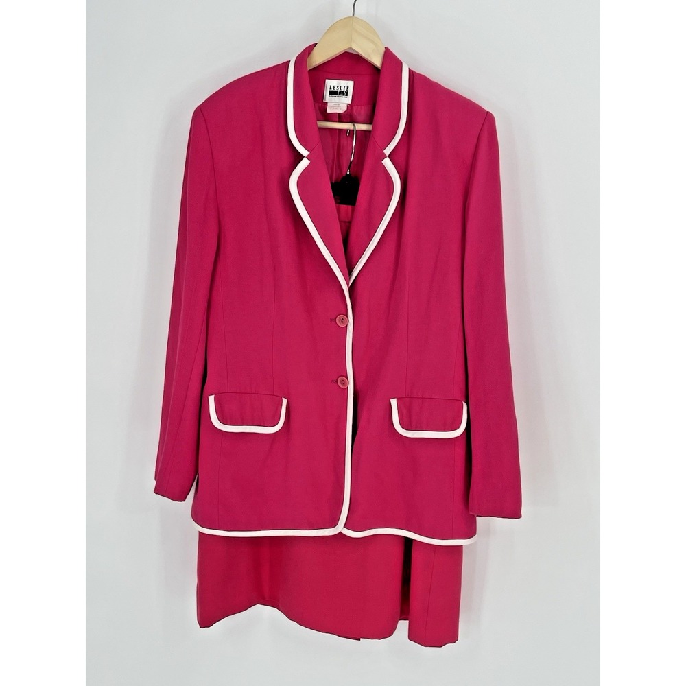 VTG 80s Leslie Fay Size 14 Skirt Suit Jacket Pink White Piping Lightweight Gauzy